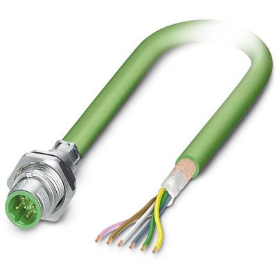 'Control cabinet assembly: Cables with various coloured wires and a green protective sheath for signal transmission.'