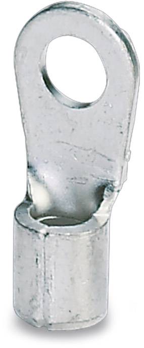 Silver metal cable eyelet with a round hole at the top for securing cables, typically used in electrical applications.