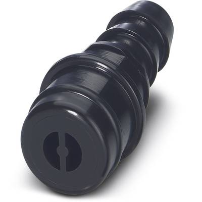 A black, cylindrical plastic connector with multiple stages and a slotted end, potentially suitable for hoses.