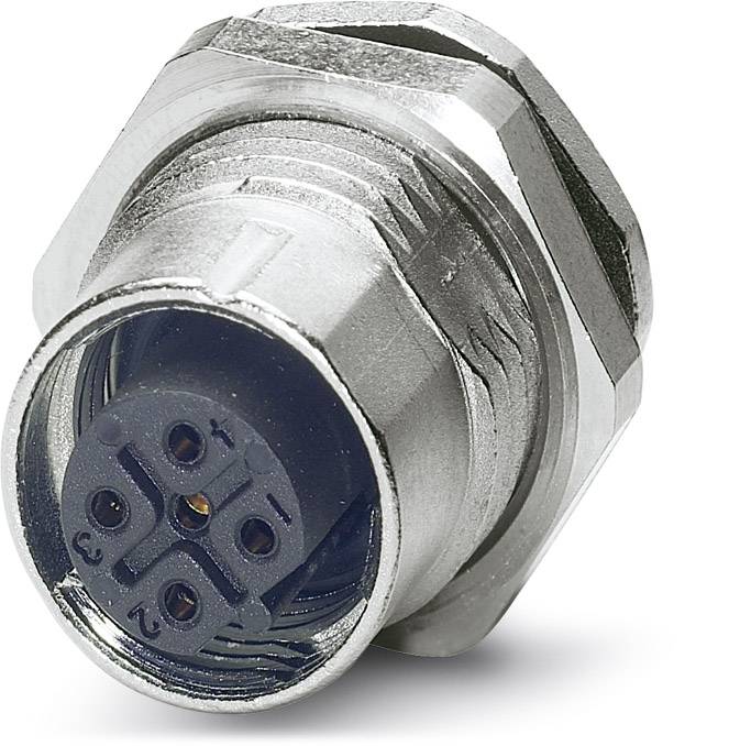 A round, silver-coloured plug connector with five numbered connection ports.