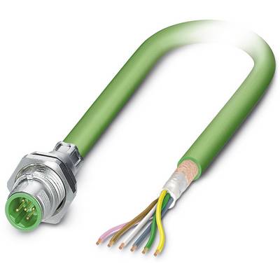 Green industrial cable plug with exposed copper wires, used for electronic and machine connections.