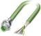 Green industrial cable plug with exposed copper wires, used for electronic and machine connections.