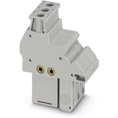 Grey electrical terminal block with three upper connection slots and two side connections, suitable for 320V and 20A.