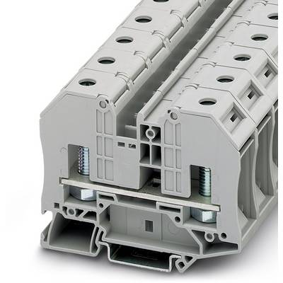Grey, modular plastic terminal block with multiple screw and plug connections for electrical installations.