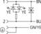 Electrical circuit diagram with components: diodes with yellow (YE) marking on the left, a diode on the right, terminals 1 (BN) and 2 (BU) at the top.