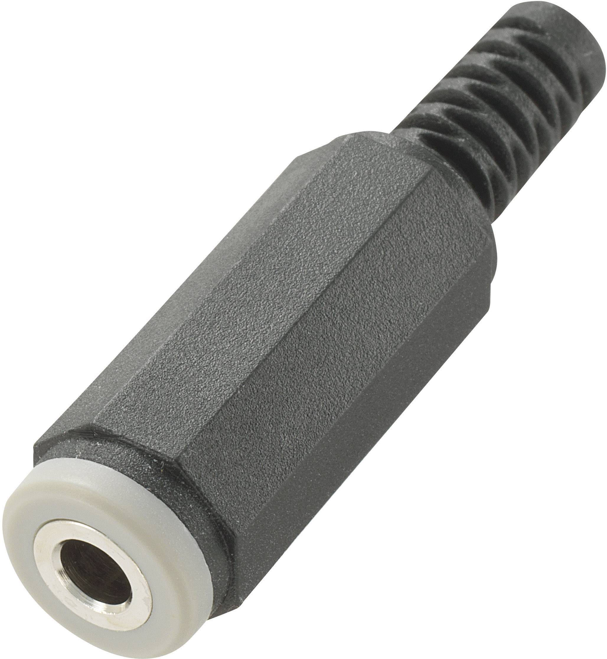 Black jack plug adapter with a textured grip and silver connection, used as an audio or music accessory.