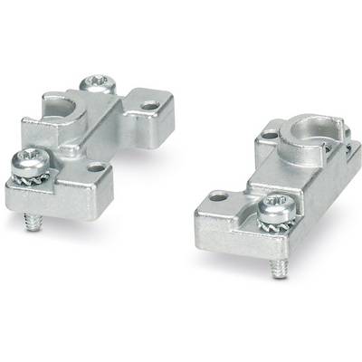 Two metallic mounting brackets with screws that can be used to secure pipes or cables.