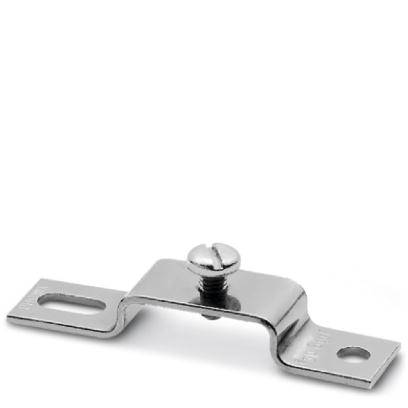 Metal angle bracket with central screw. Used for securing objects to surfaces. Robust, silver-coloured material.