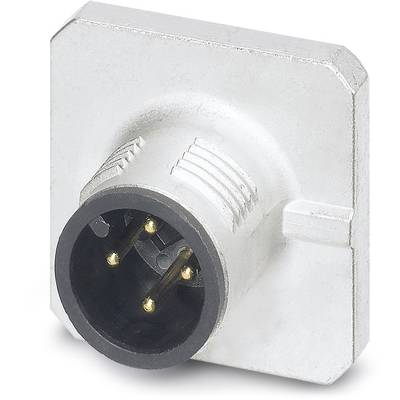 A silver, square electrical connector with a circular interface and multiple gold-plated pins.