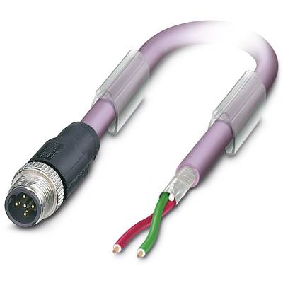 A purple cable with a black plug shows two exposed wires, one red and one green, protruding from the insulation.