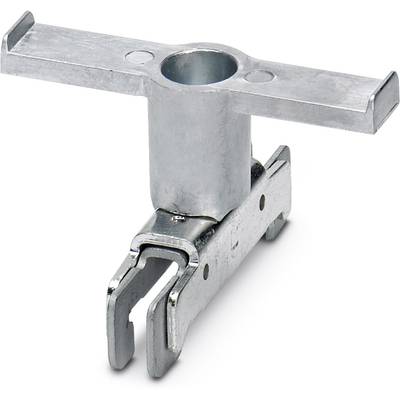 Metal connector with two cylindrical plug sockets and a flat, horizontal arm, possibly used for mounting purposes.