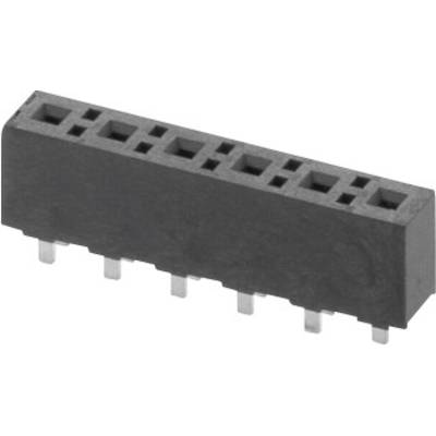 A rectangular black electronic connector with eight square socket openings and pins on the underside.