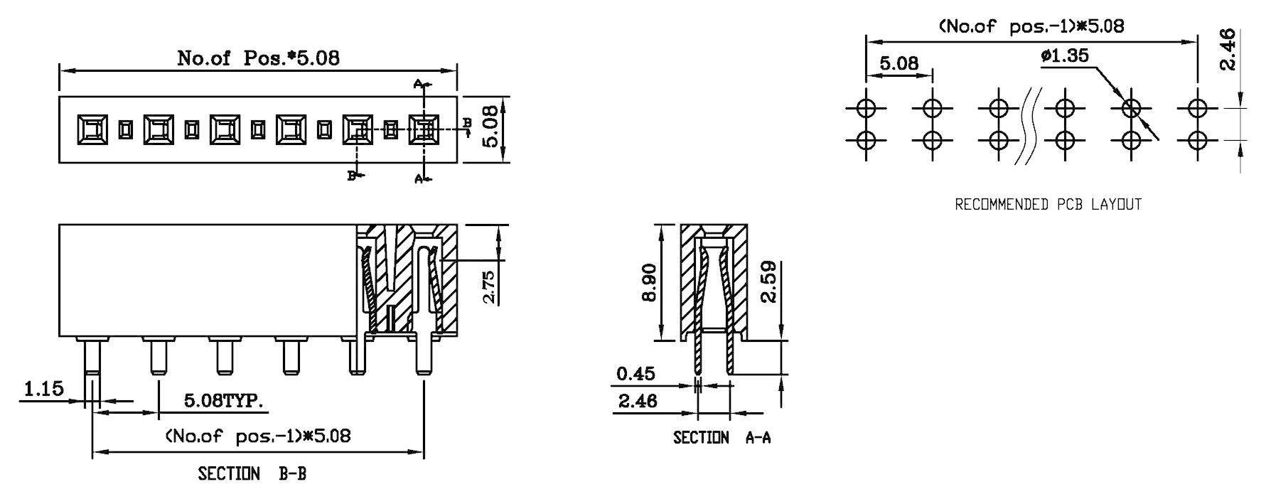 Technical drawing of an electrical connector with dimensional specifications and layout recommendations for a printed circuit board.
