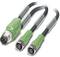 Two green M12 connectors with black cables and silver protective devices, used for industrial applications.