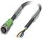 An electrical cable with a green plug on the left side and exposed wires on the right side.