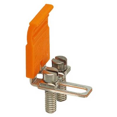 An orange electrical fuse holder with two metal clips and screws, for securing electrical wiring.
