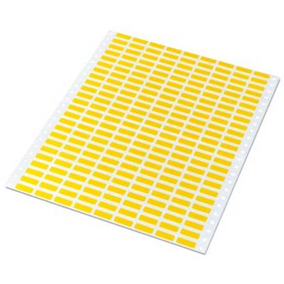 A white sheet of paper with multiple rows of rectangular, yellow labels. The labels are evenly distributed.