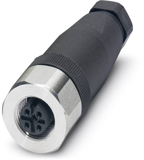 A black, round connector with a metal ring and four pins for connecting electrical devices.