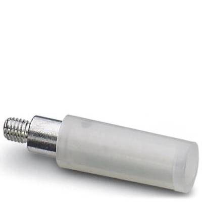 A white plastic or ceramic cylinder with a metal thread at one end, possibly a spacer or standoff.