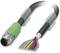 An industrial connector with a green terminal shows colourful, exposed cable cores protruding from the black cable sheath.