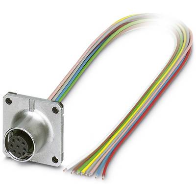 Metallic connector with multiple coloured cables emerging from a round housing with a socket. Suitable for technical applications.