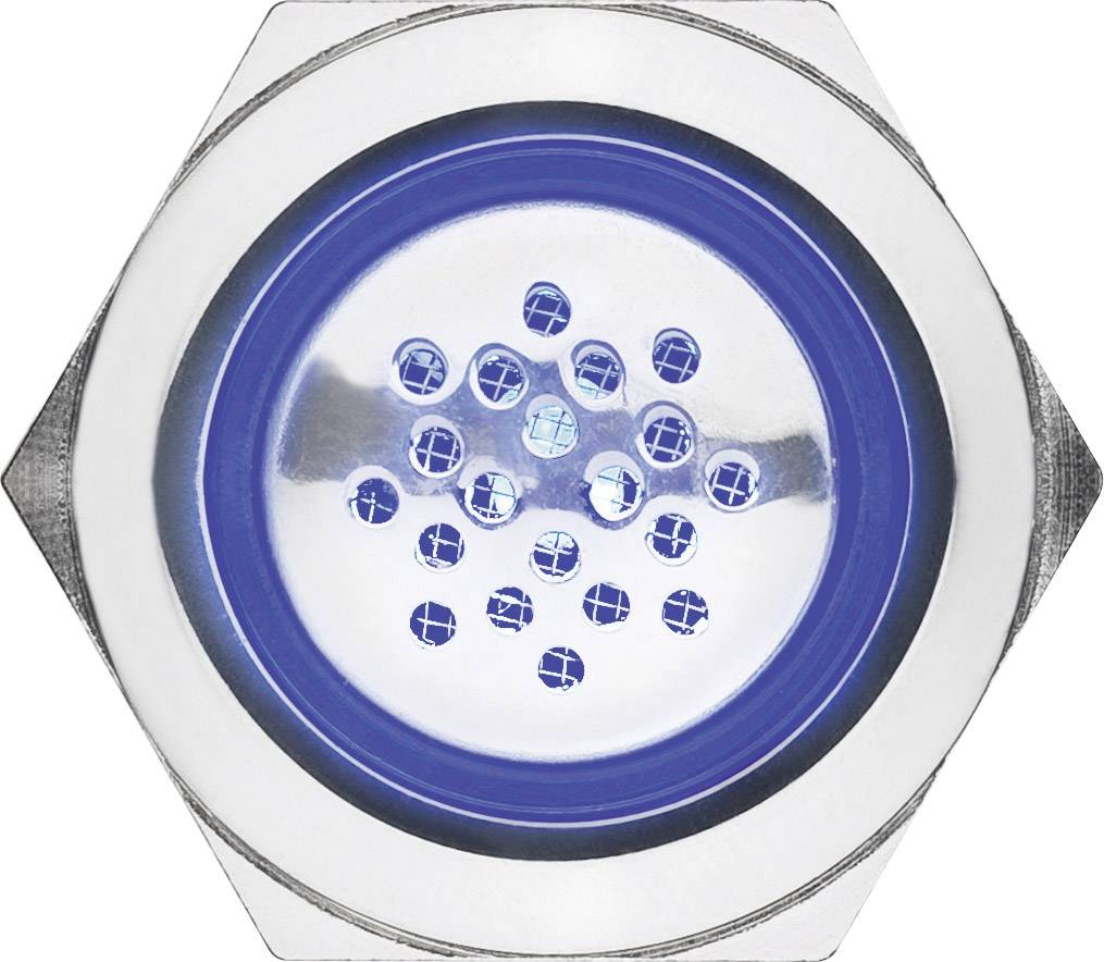 A blue-white LED chip in close-up, surrounded by a metallic housing, displays a hexagonal arrangement on a silver surface.