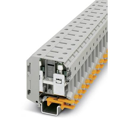 Row terminal block with grey housing and orange levers, showing clamping points for electrical connections.