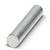 A cylindrical metal rod lies at an angle on a white surface. It has a shiny, silver texture.