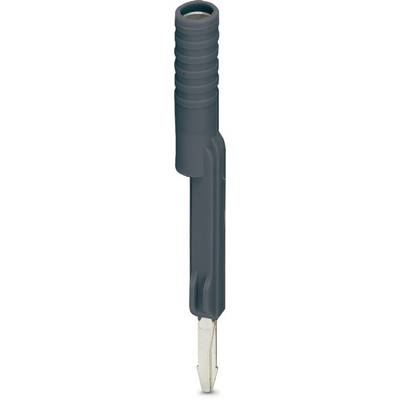 A black isolated electrical plug or adapter with two metal pins at one end. Suitable for technical applications.