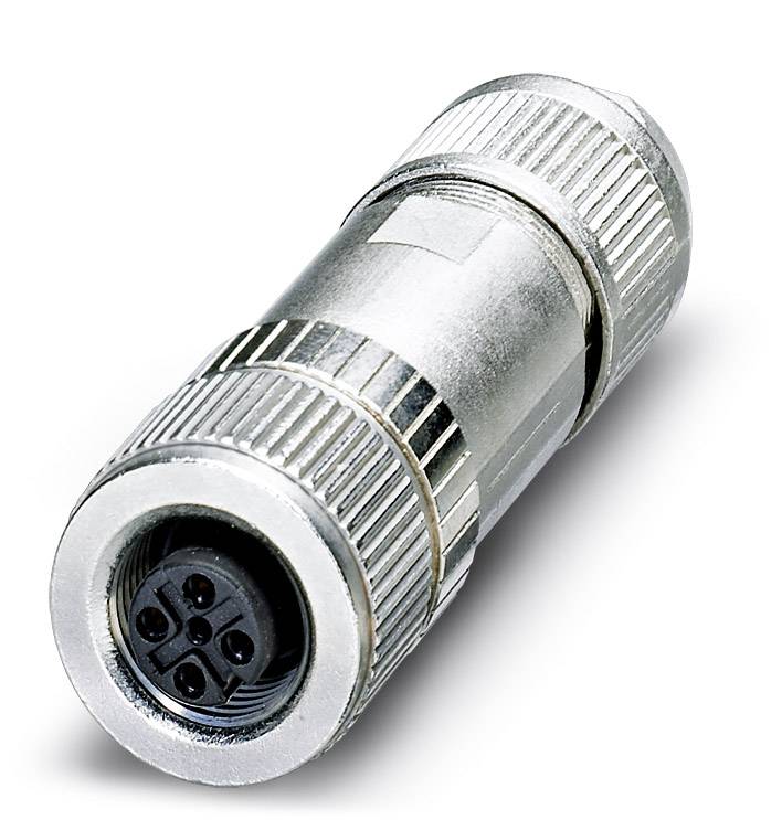 Silver metal plug with four black pins, suitable for industrial applications and electrical connections.