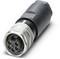 A round, black M12 plug with four pins and a metal sleeve. Suitable for industrial connections.
