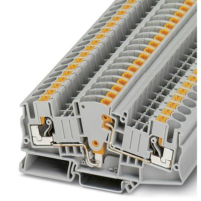 Grey two-tier terminal block module with orange terminals. It is used for wiring and distribution of electrical lines.