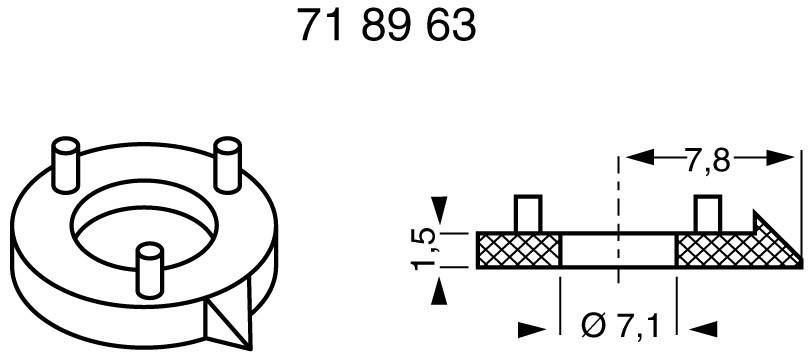 Technical drawing of a metal part with three pins. Dimensions: Diameter 7.1 mm, Height 1.5 mm, Width 7.8 mm.