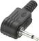 A black 3.5mm audio jack plug with ridged grip surfaces and an angled design to offset cable positioning.