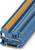 A blue terminal block with orange and metallic contacts, used for electrical connections in control panels.