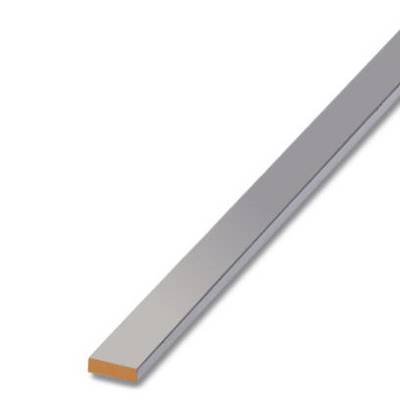 Metallic flat material, rectangular in shape, in silver, lies on a light background. It appears to be a component or part.