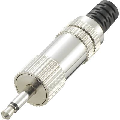 A silver audio adapter with a ribbed casing, a 3.5 mm jack on the front and a black rubber cover at the rear.