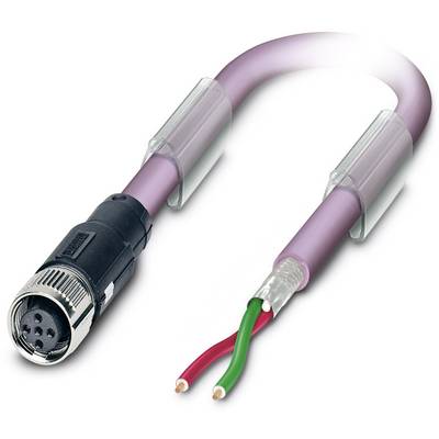 Problematic M12 cable with screw connection, showing exposed red and green wires at the end, symbolises a faulty connection.