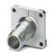 Metallic pipe connector with a square base plate and four fixing holes, suitable for industrial applications.
