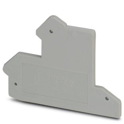 A grey plastic part with four holes at the corners, rectangular in shape, with a raised triangle at the upper edge.