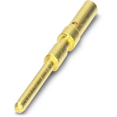 A gold-coloured electrical contact pin with two rings for fixation. Used in plug connectors for electrical connections.