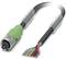 An open cable with multiple coloured wires and a green connector on the other side.