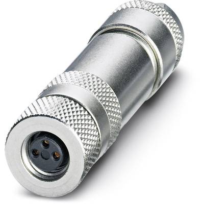 A silver, cylindrical electrical plug with a ribbed surface, showing four contact pins at the open end.