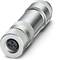 A silver, cylindrical electrical plug with a ribbed surface, showing four contact pins at the open end.