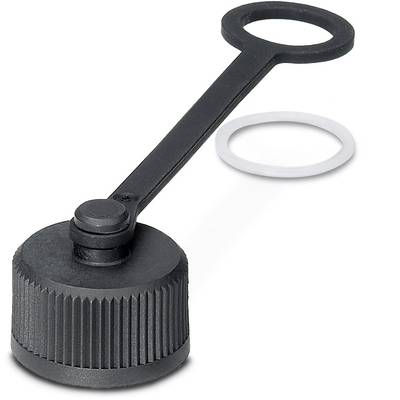 'A black screw cap with a handle, alongside a white sealing ring.'