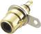 Golden banana plug with black insulator and metal mounting bracket, suitable for terminating audio cables.