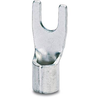 Metal cable lug in fork form, suitable for electrically connecting cables with screw terminals. Minimal visible signs of wear.