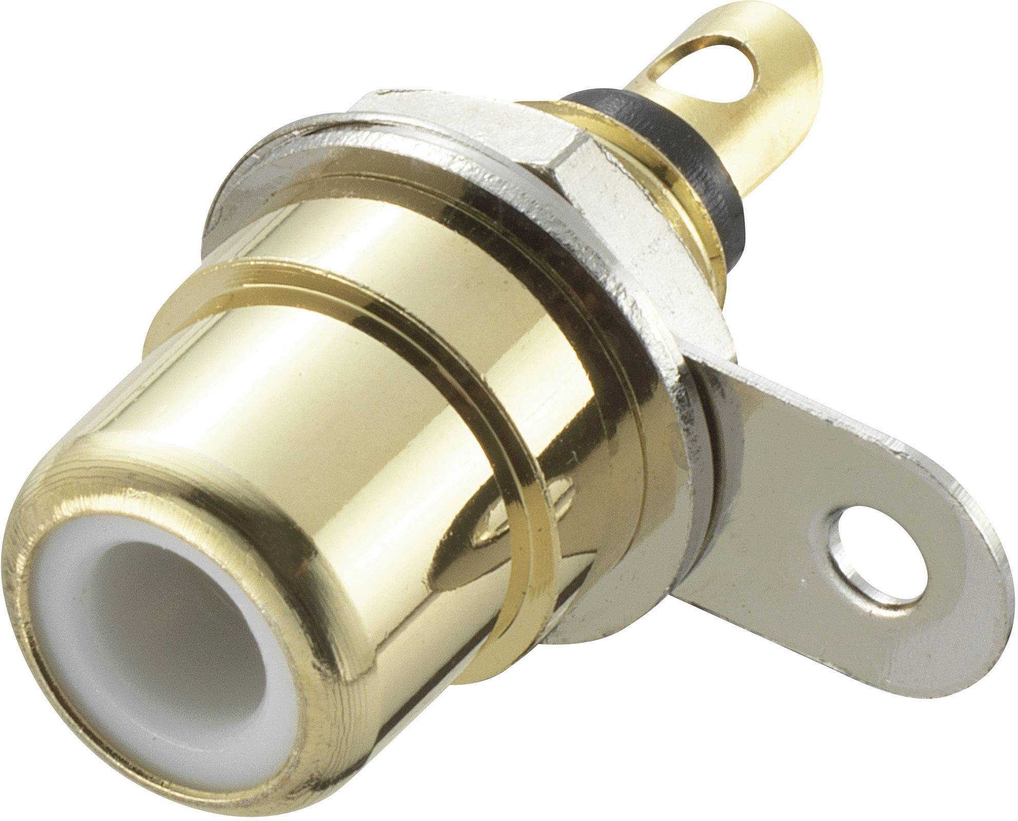 Metallic RCA socket, typically used for audio/video connections. Gold-coloured, cylindrical, with side-mounting plate.