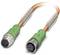 An orange cable with green plugs at both ends, used for data or power transmission.