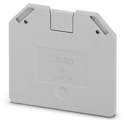 Terminal cover with the inscription 'Phoenix Contact', type 'D-UT 16', light grey, rectangular.